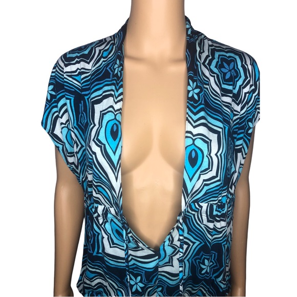 Express Blue Psychedelic Abstract Print Romper Style Tunic Blouse - Picture 7 of 13